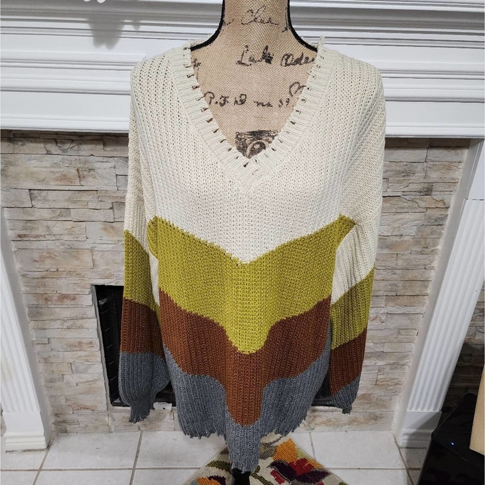 BLU PEPPER‎ color block chevron boho destroyed sweater size 2X